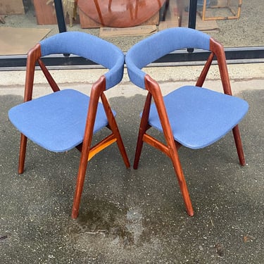 QUICK Pair of TH Harlev Curved Back Teak Dining Chairs in Blue