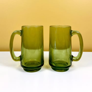 Pair of Midcentury Green Glass Mugs 