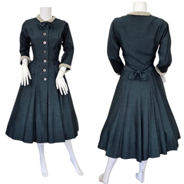 1950's RK Originals Blue Grey New Look Circle Skirt Dress I Sz Sm I Angora Trim 
