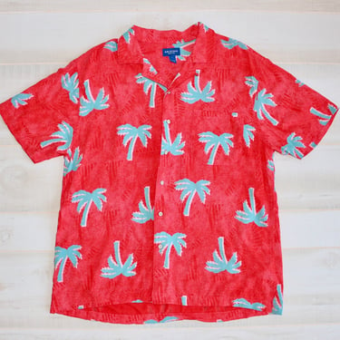 Vintage 90s Palm Tree Shirt, 1990s Vacation Shirt, Tropical, Novelty Print, Hawaiian, Summer, Beach, Button Up, Short Sleeve, Pixel Art 