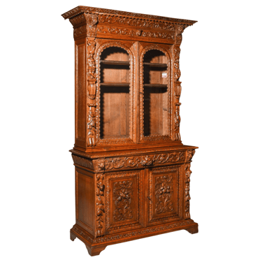 Antique Cupboard, Renaissances Style, Carved Oak, Figural Relief, 19th C. 1800s