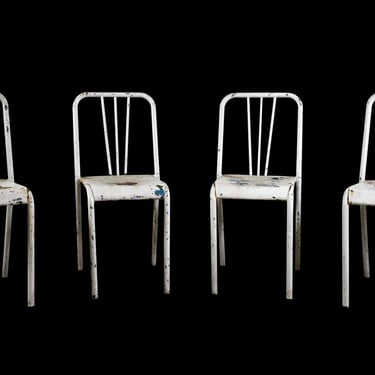 Set of European Distressed White Metal Tolix Chairs