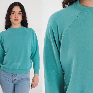 Dark Seafoam Green Sweatshirt 80s 90s Distressed Raglan Sleeve Sweatshirt Plain Slouchy Crewneck Pullover Retro Solid Vintage Hanes Medium M 