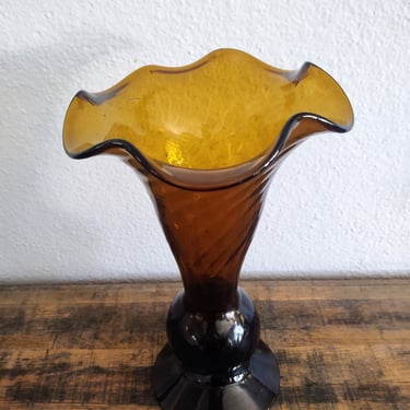 Beautiful Petal Top Blown Glass Vintage Looking Vase - Deep Amber/Brown - Year Unknown 