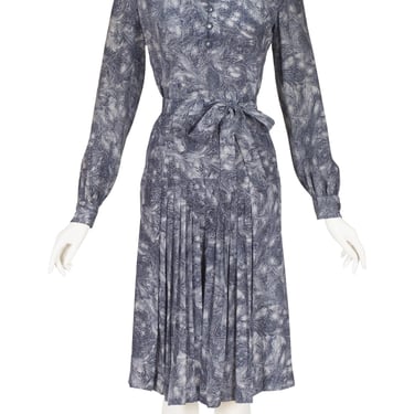 Givenchy 1970s Vintage Feather Print Slate Gray Silk Blouse & Skirt Set Sz XS 