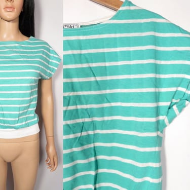 Vintage 80s Mint Green Striped Tshirt Made In USA Size S/M 