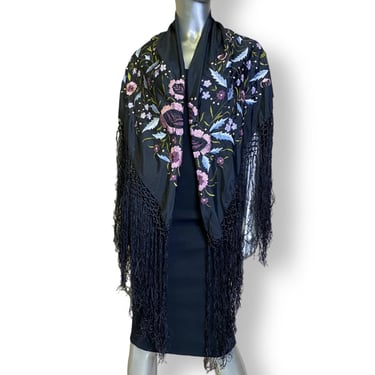 Vintage Piano Shawl Scarf Floral Embroidery With Fringe Black Pink Blue 40 Inch Square 