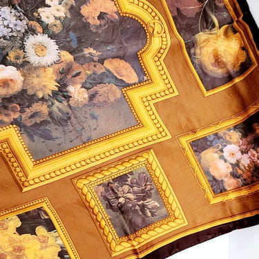 80s Silkprint Scarf Brown Flemish Flowers Baroque Pattern Paloma Picasso 