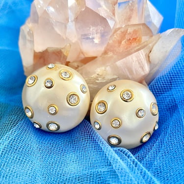 Big Bold Earrings, Kenneth Lane, Vintage 80s 90s, Faux Pearl Cabochons, Rhinestones Clip On Style 