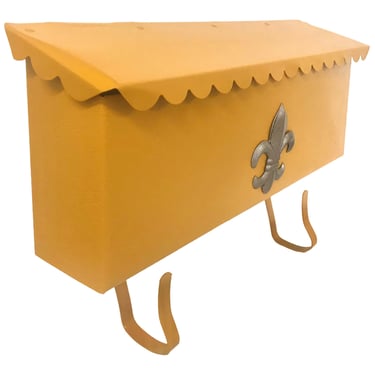Mid-Century Modern Yellow Metal Mailbox || Fleur de Lis Emblem || Vintage Retro Mountable Horizontal Space Age Postal Box 