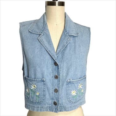 1990s denim vest with floral pockets - size 10 