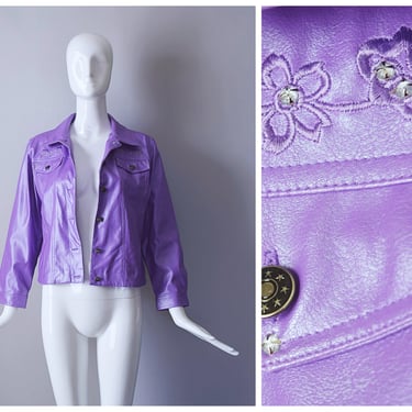 Vintage Y2K Highway Lavender Pleather Floral Embroidered and Bedazzled Jacket | retro 90s 1990s 2000s | 