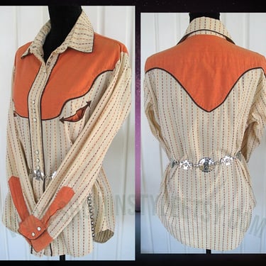 Ramonster Vintage Western Retro Women's Cowgirl Shirt, Rodeo Blouse, Off White with Orange Yokes & Cuffs, Approx. Large (see meas. photo) 