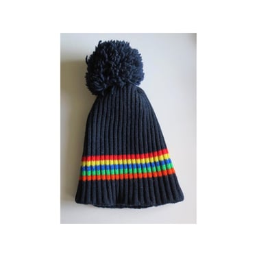 Vintage Rainbow Beanie - Retro 80s Wool Knit Winter Hat with Pom Pom - Ski Snowboard Cap by Smiley 