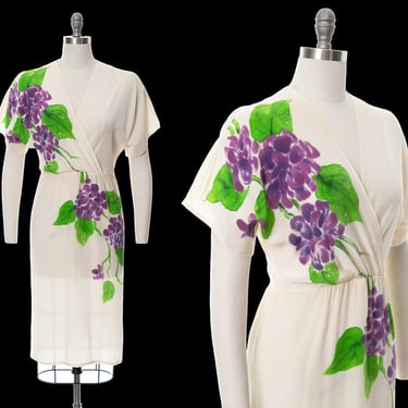 Vintage 1980s Dress | 80s Silk Hand-Painted Floral Purple Cream Sheath Wiggle One-of-a-Kind Wearable Art Dress (medium) 