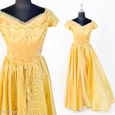 1950s Marigold Yellow Evening Gown | 50s Gold Layered Formal | Old Hollywood | Medium 