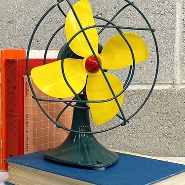 Vintage Electric Fan Retro 1950s Farmhouse + Metal + Green + Yellow + Red + Adjustable Neck + Non-Oscillating + 8.5 Inch Diameter + Cool Off 