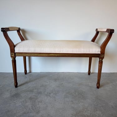 Vintage French Louis XVl - Style Carved Wood Upholstered Bench 