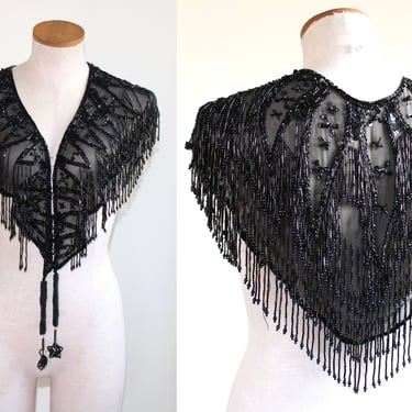 Vintage Sheer Silk Tie Front Cape with Black Glass Beading and Fringe 