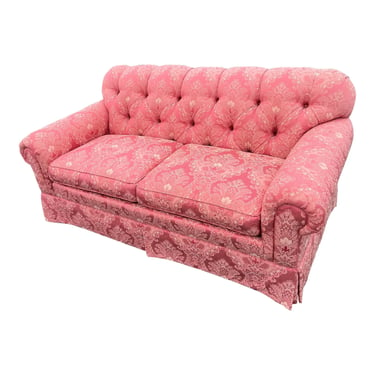 Century Furniture Button Tufted Rose Pink Damask Print Sofa 