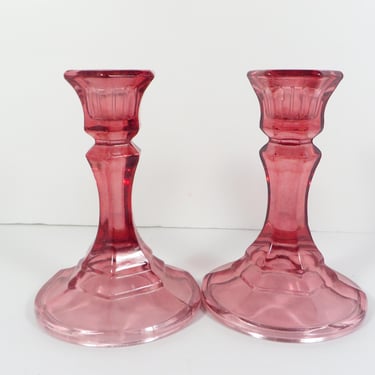 Vintage Pink Glass Candle Holders -  Pink Glass Candlestick Holders 