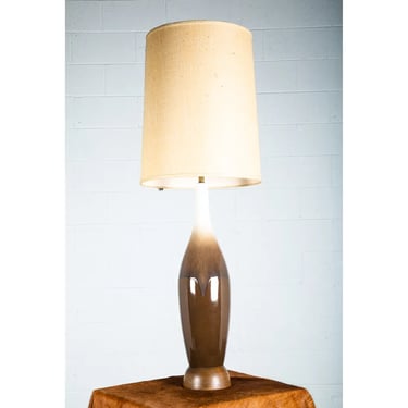 Mid Century Modern Table Lamp Brown White Light Vintage Ceramic Round Tall Wood
