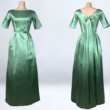 VINTAGE 60s Sage Green Satin Formal Maxi Cocktail Dress by Lorie Deb- Wounded | 1960s Prom Party Gown TLC As-is | VFG 