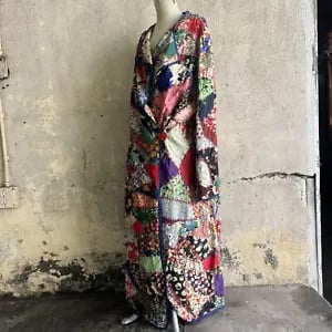 Vintage 1930s Silk Crazy Quilt Dress Coat Art Deco Prints Full Length Colorful