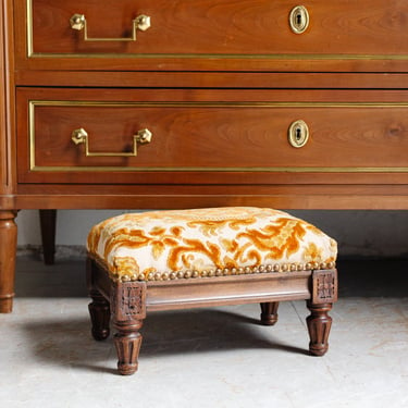 turn of the century French Louis XVI walnut and velvet damask footstool
