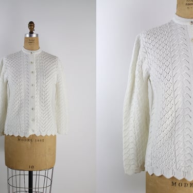 50s White/Cream Knit Button Down Cardigan /  1950s Sweater / Vintage Cardigan / Size S/M 