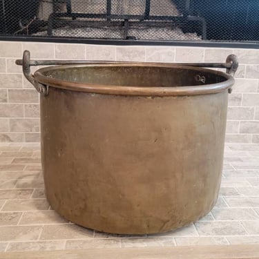 Large 19th Century European Copper Brass Forged Iron Cheese Vat - Antique Industrial Cooking Pot Cauldron with Verdigris Patina 
