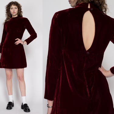 Medium 60s 70s Dark Cherry Red Velvet Babydoll Mini Dress | Vintage Keyhole Back Long Sleeve Retro Party Dress 