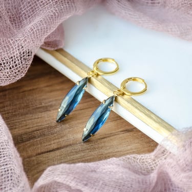 blue sapphire crystal earrings, Swarovski earrings, Regency Art Deco marquise huggie hoop drop earrings, gift for her, September birthstone 