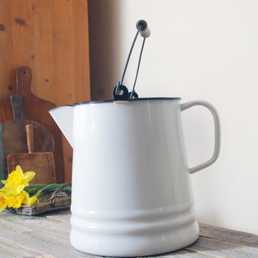 Vintage white enamelware bucket with spout  / farmhouse decor / rustic watering can / metal bucket with handle  / enamel planter / kettle 