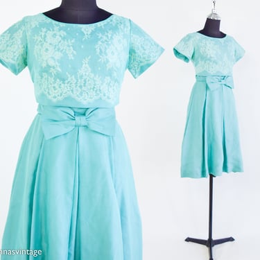 1950s Turquoise Blue Cocktail Dress & Jacket | 50s Turquoise Blue Taffeta Party Dress | Small 
