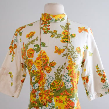 Fabulous 1960's Polished Cotton H Bar C Floral Butterfly Top / Sz S