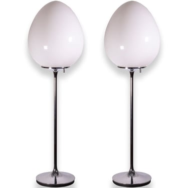 Mid Century Modern Pair of Egg Shaped Glass Chrome Lamps Bill Curry Design Line 