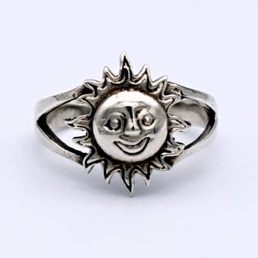 80's sterling smiling sun size 6.75 hippie ring, whimsical open work 925 silver happy star boho ring 