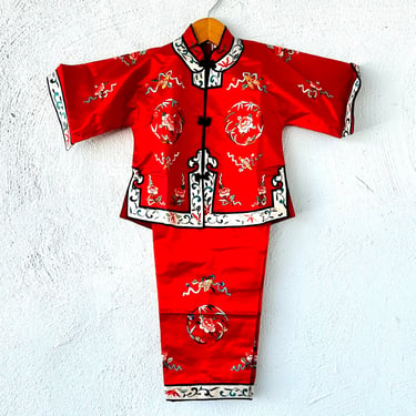 Vintage Chinese Embroidered Silk Set Asian Red Floral Kids Shirt Jacket Matching Pants 