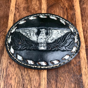 Vintage Tooled Leather Belt Buckle Embossed Eagle Black Silver Western America 1970s 
