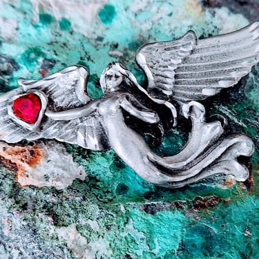 Vintage Pewter Angel Brooch with Red Heart Rhinestone~Valentine Gift 