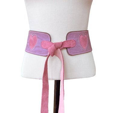 Suede Statement Belt, Vintage Calderon Belt, Pink Hearts on Lavender Suede, Wide Leather Belt with Tie Ends, Mod Hippie Boho Belt 