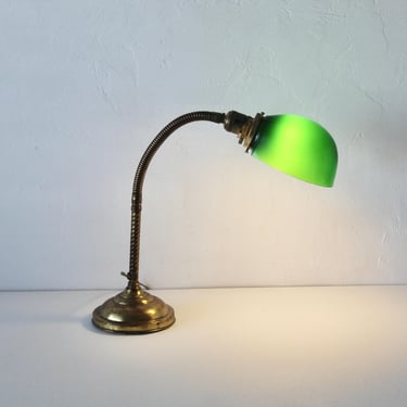 Vintage Faries Brass Gooseneck Desk Lamp With Original Emeralite Glass Shade 