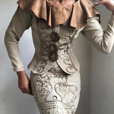 vintage linen suede statement soutache 2 piece wearable art skirt suit 