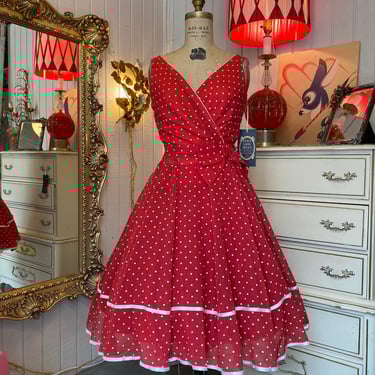 vintage 1970s lilli diamond dress fit and flare red white polka dot small 26 full skirt bow designer 