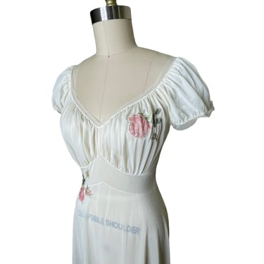Vintage Vanity Fair White with Pink Roses Chiffon Nightgown Tricot Nylon Lace Trim 34 Bridal 