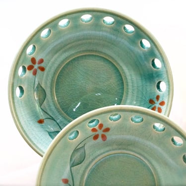 VINTAGE: 2pc Korean Celadon Glaze Crackled Ceramic Small Plates, Dishes, Trinkets - Jewelry Box - Asian - SKU 27-D-00032570 