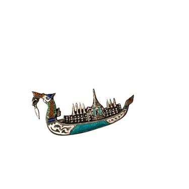 Enamel and Sterling Siam Dragon Boat Brooch 