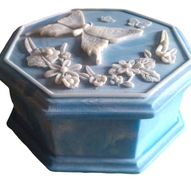 VINTAGE Marble Music Jewelry Box// Carved Stone Jewel Box//  Butterfly Design// Blue Stone Jewelry Box// Bedroom Decor 