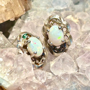 Sterling Silver Opal Earrings Vintage Stud Pierced Ear Brilliant Color Gemstones Retro Estate Jewelry 